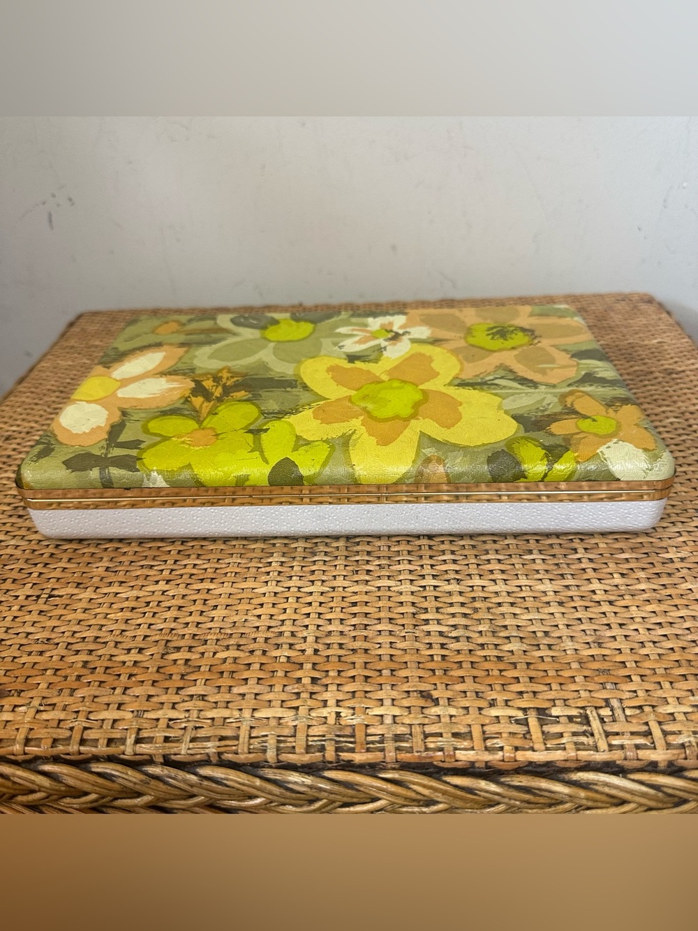 Vintage 1960s MELE Yellow Floral Hinged Small Jewelry Case Box Grandma MCM 10”